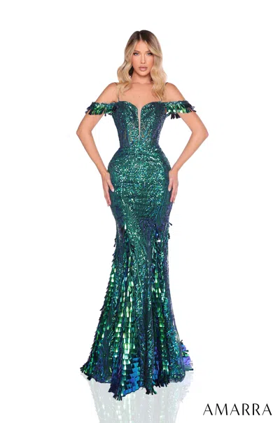 Amarra 88298 Long Fitted Metallic Sequin Formal Prom Mermaid Dress In Green