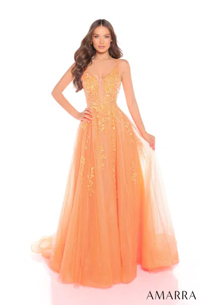 Amarra 88341 Sequin A Line Long Formal Glitter Prom Dress In Orange