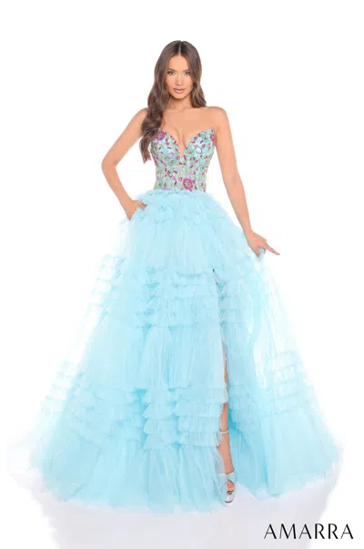 Amarra 88369 Long Ball Gown Beaded Ruffle Prom Slit Dress In Blue