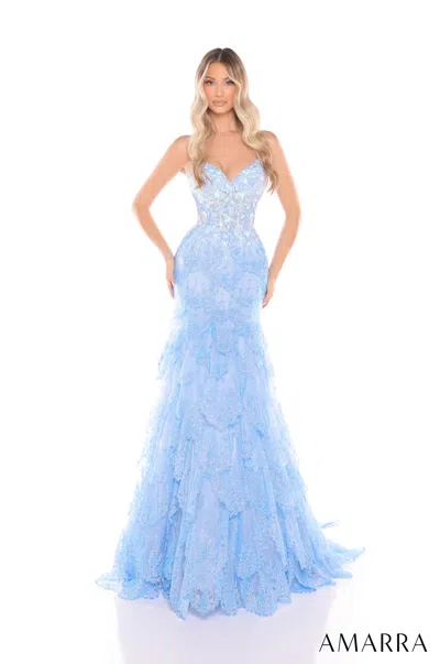 Amarra 88378 Prom Long Glitter Formal Sequin Applique Dress In Blue
