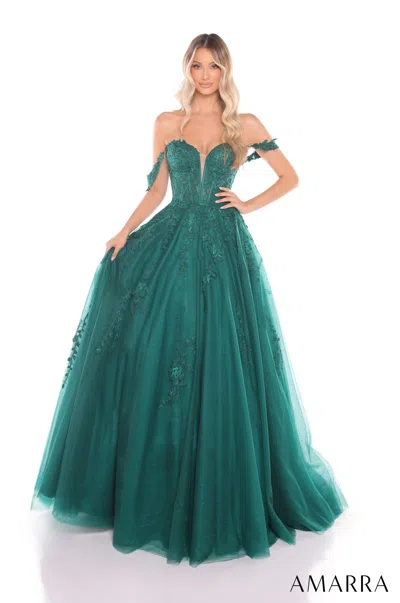 Amarra 88409 A Line Ball Gown Glitter Long Formal Floral Lace Prom Dress In Green