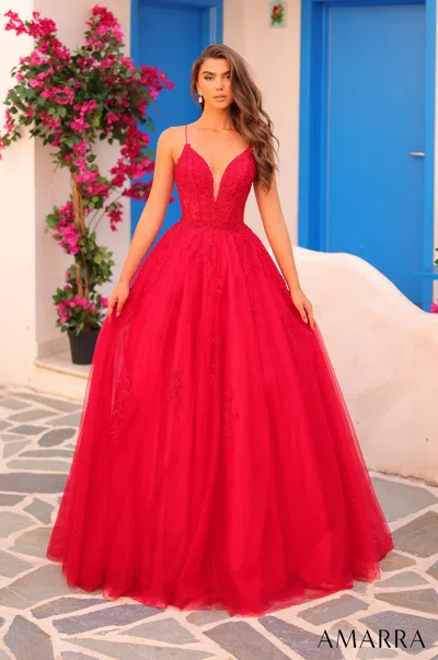Amarra 88410 Prom Long Ball Gown Applique Corset Formal Dress In Red