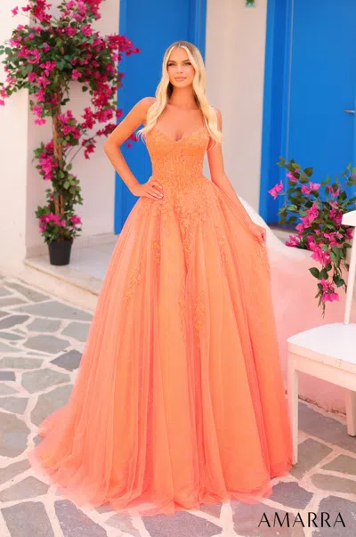 Amarra 88413 Long Formal Floral Lace Ball Gown Lace Corset Prom Dress In Orange