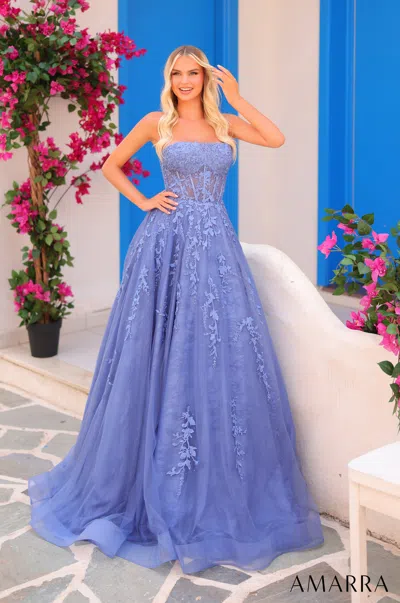 Amarra 88414 A Line Prom Long Floral Lace Formal Dress In Blue