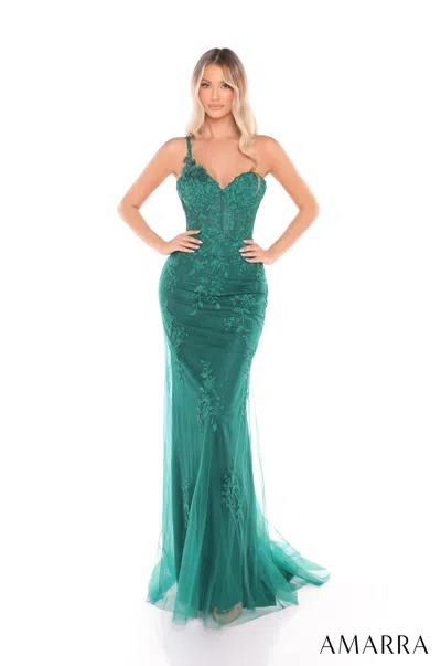 Amarra 88421  Fitted Prom Long 3d Flower Applique Formal Dress In Green