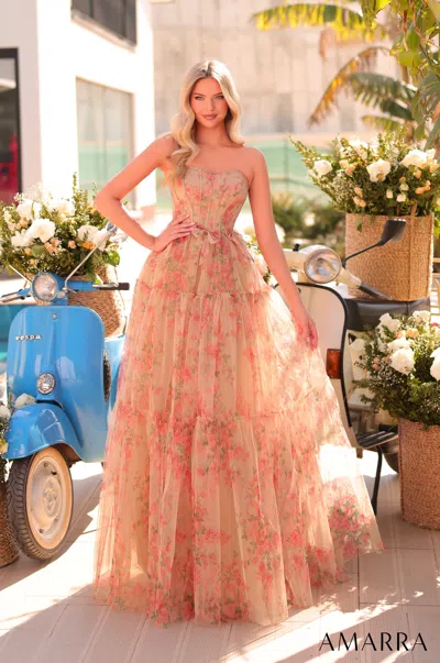 Amarra 89001 Long Ball Gown Floral Print Corset Prom Dress In Multi
