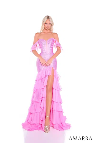 Amarra 89345 Beaded Corset Long Ruffle Prom Dress In Pink