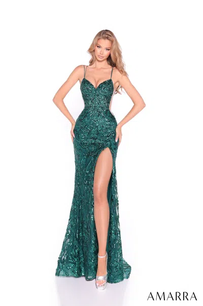 Amarra 89419 Long Prom Sequin Formal Lace Dress In Green