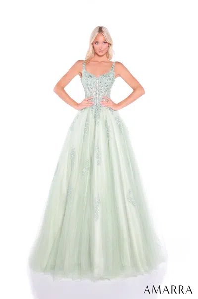 Amarra 89429 Long Lace Glitter Corset Ball Gown In Green