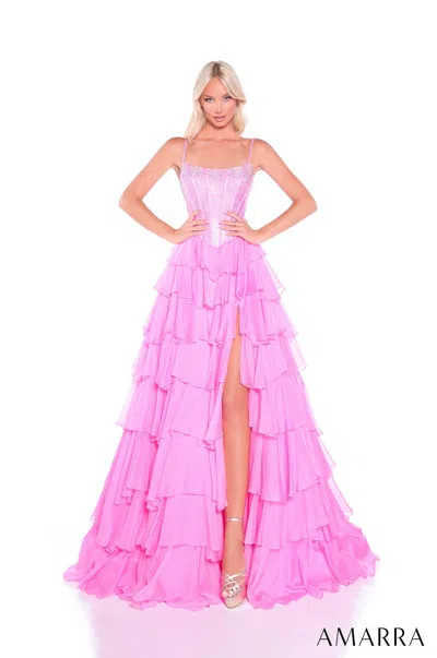 Amarra 89459 Long Corset Prom Ruffle Beaded Dress In Pink