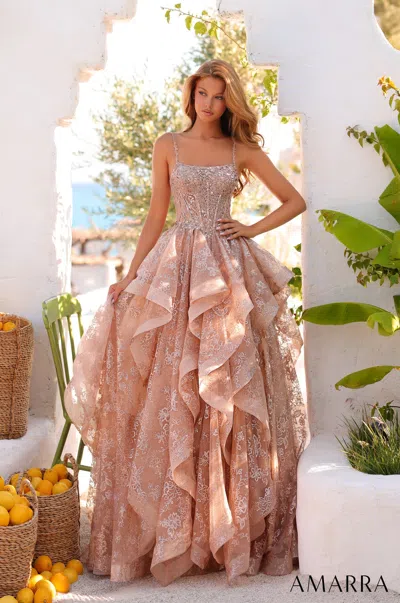 Amarra 89505 Long Glitter Corset Ball Gown In Burgundy