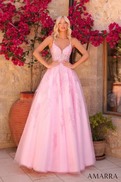 Amarra 89509 Long Lace Prom Corset Ball Gown In Pink