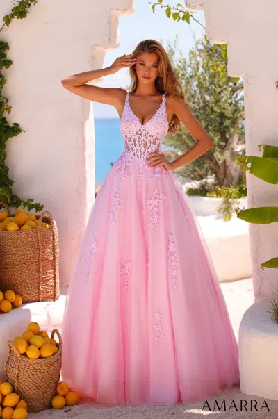 Amarra 89523 Long Lace Applique Evening Ball Gown In Pink