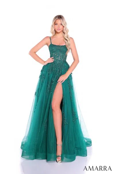 Amarra 89525 Long Formal Lace Applique Corset Ball Gown In Green