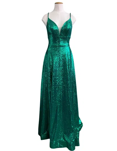 Amarra A-line Sequin Prom Gown In Emerald In Gold