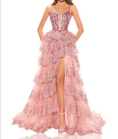Amarra Applique Sleeveless Tiered A-line Slit Gown In Rosegold In Pink
