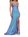 Amarra Deep Neckline Iridescent Shiny Gown In Lilac In Blue