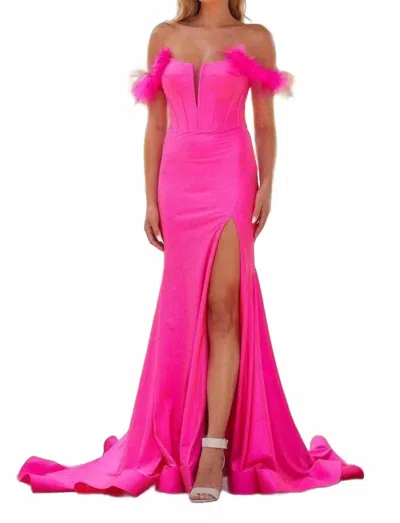 Amarra Feather Off Shoulder Gown In Bright Fuchsia In Pink