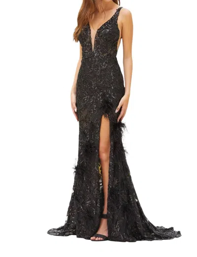 Amarra Feathered Sequined Evening Gown In Black