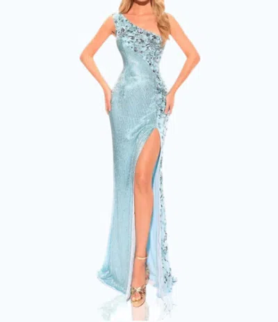 Amarra Fitted Beaded Sequin One Shoulder Slit Gown In Light Blue
