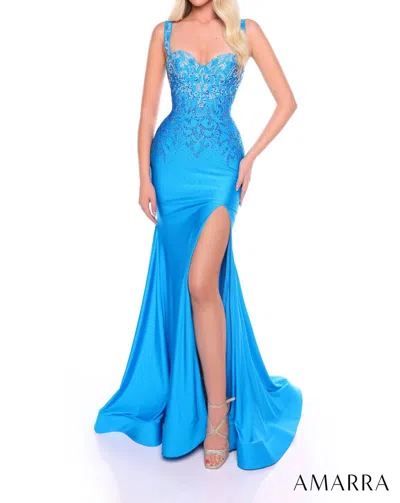 Amarra Fitted Hot Stone Prom Dress With Sweetheart Neckline In Peacock In Blue