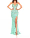 Amarra Fitted Sequin Beadede Slit Gown In Aqua