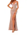 Amarra Fitted Sequin Gown With V-neck In Silver/nude