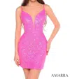 Amarra Fitted Sequin Short V Neck Dress In Neon Pink In Pink