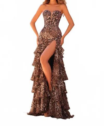 Amarra Fitted Trumpet Glossy Gown In Brown Leopard Print In Multi