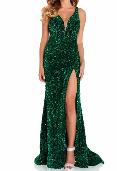 Amarra Fitted Velvet Sequin Gown With Plunging Neckline In Emerald In Blue