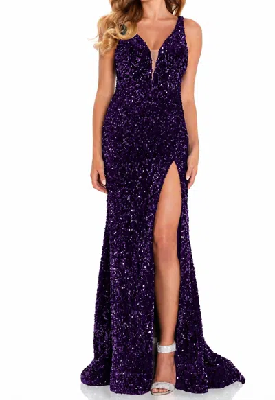 Amarra Fitted Velvet Sequin Gown With Plunging Neckline In Purple