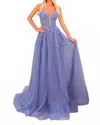 Amarra Floral Lace A-line Gown With Sheer Corset Bodice In Slate Blue