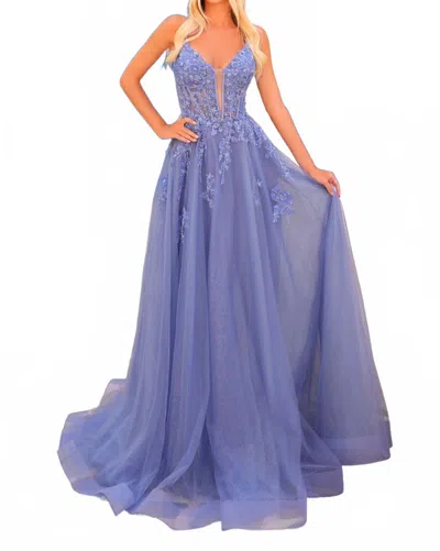Amarra Floral Lace A-line Gown With Sheer Corset Bodice In Slate Blue