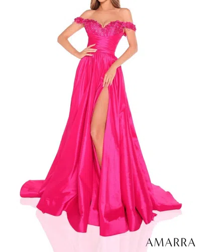 Amarra Floral Neckline Pleated Waist High Slit Dress In Fuchsia In Pink