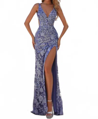 Amarra Floral-embroidered Open-back Prom Gown In Slate Blue