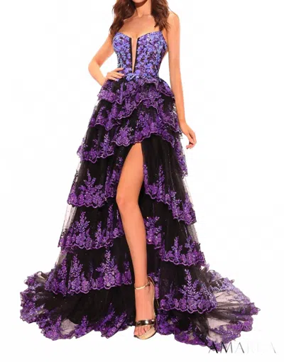 Amarra Glitter Tulle Sequin Ball Gown With Plunging Neckline In Black/purple