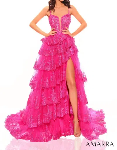 Amarra Glitter Tulle Sequin Ball Gown With Plunging Neckline In Fuchsia In Pink