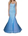 Amarra Leaf Lace Appliqued Fit And Flare Gown In Electric Blue