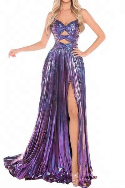 Amarra Metallic Cutout A-line Slit Gown In Bright Purple