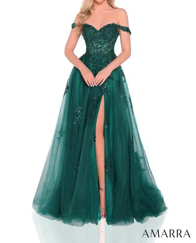 Amarra Off-shoulder Sequin-print Prom Dress In Emerald In Multi