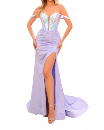 Amarra Off-the-shoulder Fitted Gown With Glass Mirror In Periwinkle In Purple