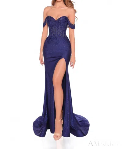 Amarra Off-the-shoulder Fitted Prom Dress In Navy In Blue