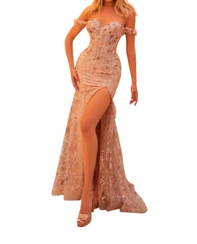 Amarra Off-the-shoulder Prom Dress In Gold In Pink