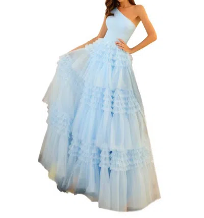 Amarra One Shoulder Tiered Tulle Gown In Light Blue