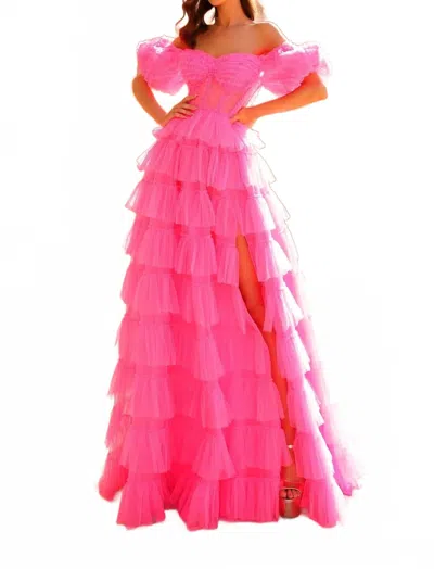 Amarra Ruffle Puff Sleeve A-line Ballgown In Neon Pink