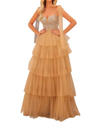 Amarra Ruffle Tulle A-line Gown With Beaded Top In Nude/silver