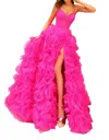 Amarra Ruffled Ballgown With Slit In Neon Pink In Pink