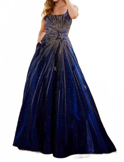 Amarra Satin Rhinestone Ball Gown In Navy/rose Gold In Multi
