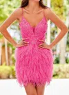 Amarra Sequin And Feather Dress In Neon Pink