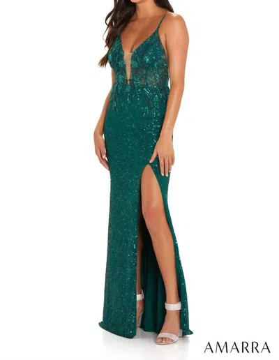 Amarra Sequin Fitted Gown In Emerald In Green